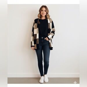 Dressbarn Women's Plaid Cardigan - Black, White, Brown